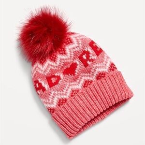 5 NWT Fair Isle Pom-Pom Beanies for Women Old Navy Pink and Red Knit Pom-Pom Hat